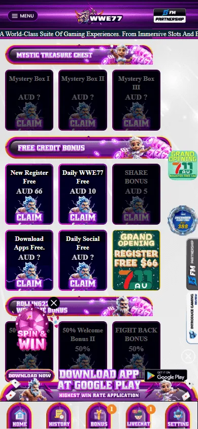 Wwe77 Casino mobile promotions area with the A$66 no deposit offer