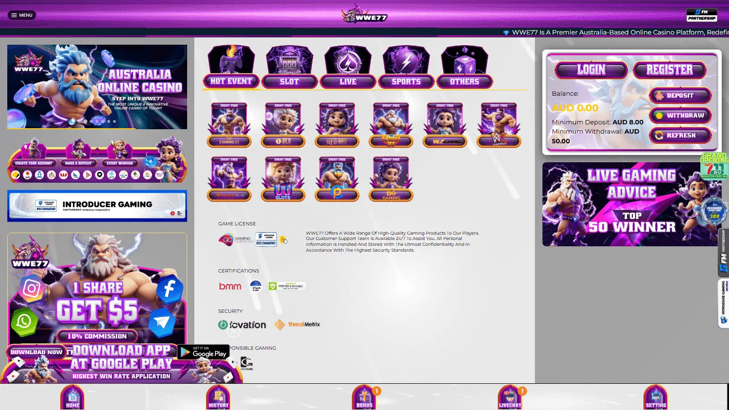 Wwe77 Casino desktop home experience for Australian players